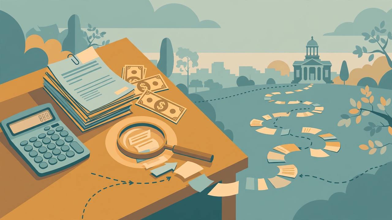 Editorial illustration of an accountant's desk with a calculator, loan documents and a magnifying glass tracing a paper trail of dollar bills toward a courthouse