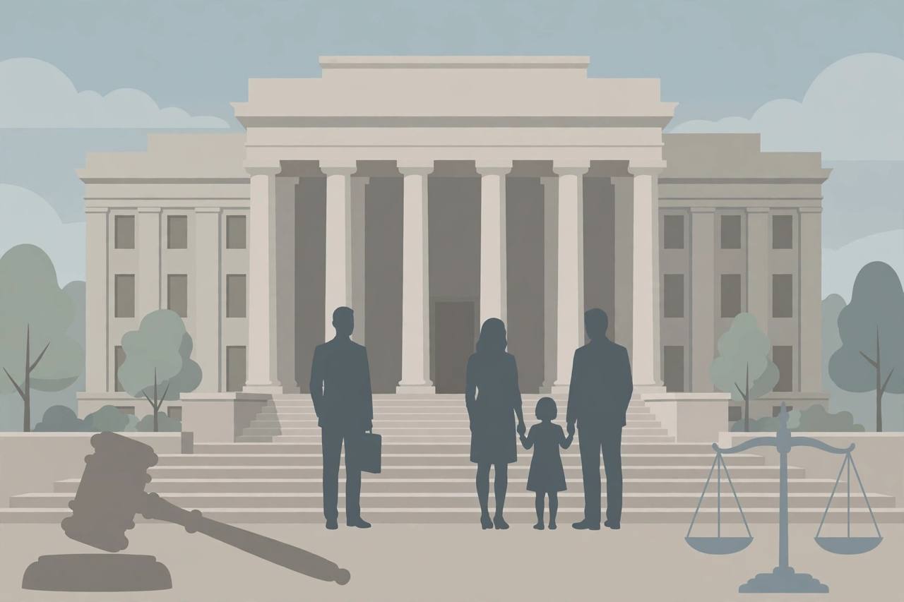 Editorial illustration of a federal courthouse in Austin, Texas with a gavel and scales of justice