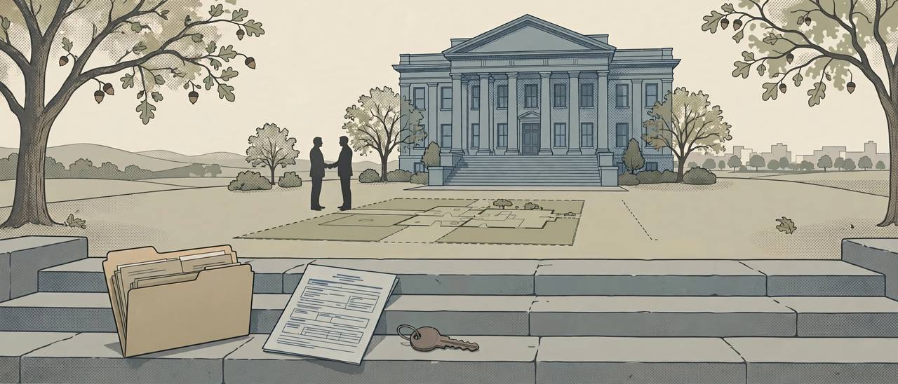 Editorial illustration of a generic courthouse in Austin, Texas with an escrow folder, a bank wire document and a house key on the steps