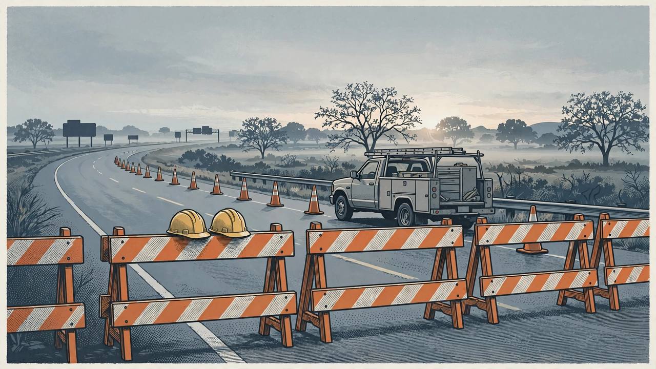 Editorial illustration of a closed Texas highway work zone at dawn, with traffic cones, striped barriers and two hard hats resting on a barrier