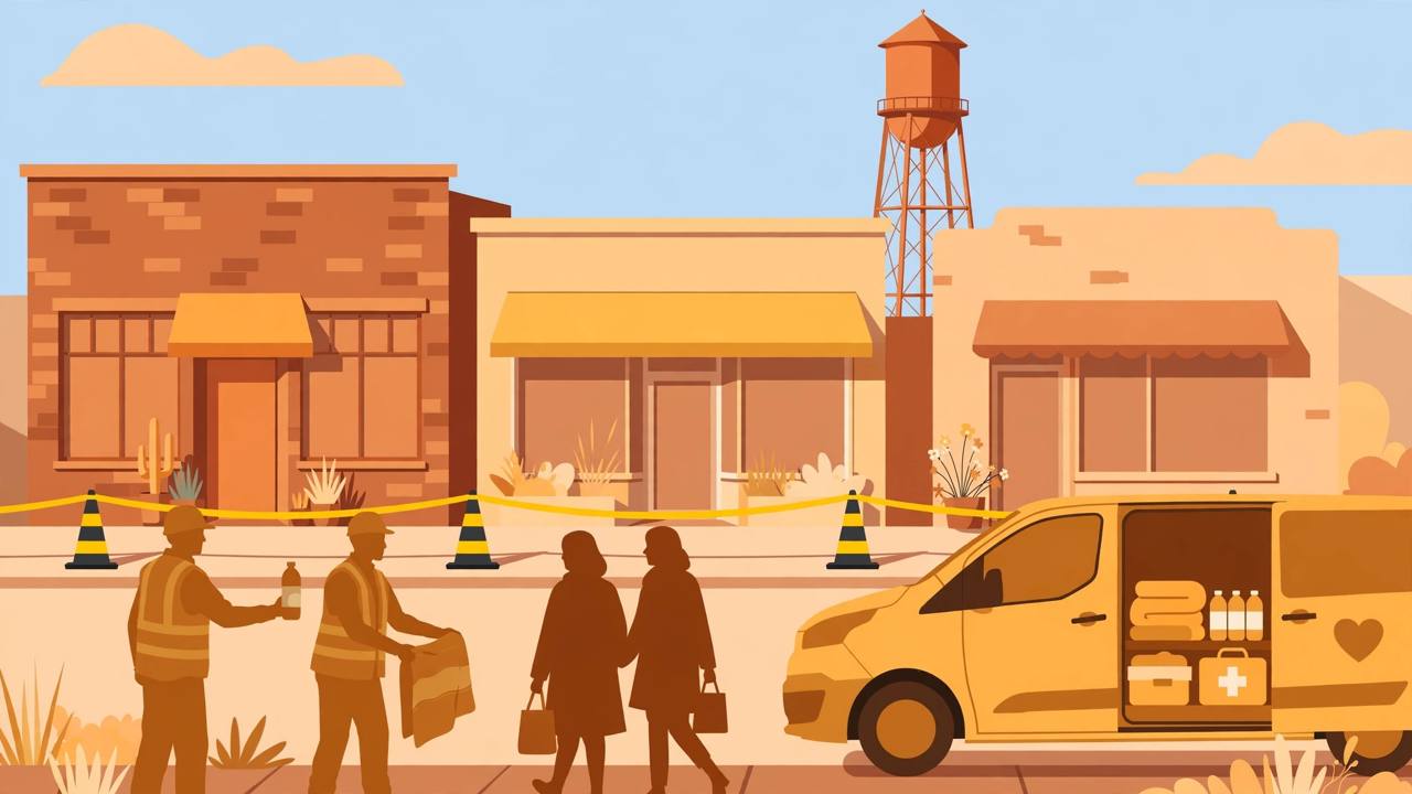 Editorial illustration of generic Texas storefronts with a police cordon and support workers helping adult women toward a support van — flat style, no real person depicted