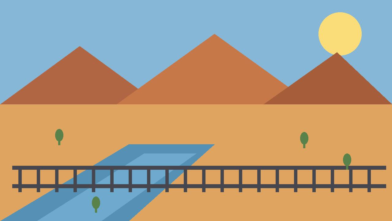 Editorial illustration of flat desert mesas, a river bend and a generic border barrier line in West Texas, flat style, no text, no real person or place depicted