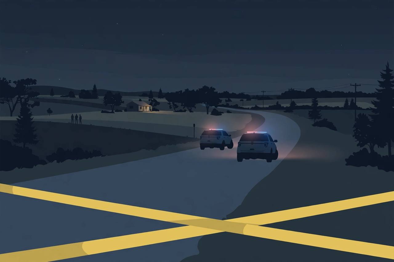 Editorial illustration of a rural Texas highway at night near Canton, with sheriff patrol vehicles and police tape outside a distant house
