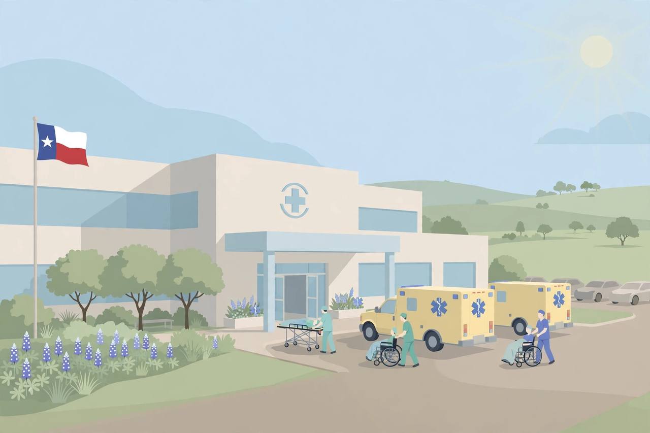 Editorial illustration of a Texas hospital entrance with ambulances and staff calmly moving patients during an evacuation, flat style, no real person depicted