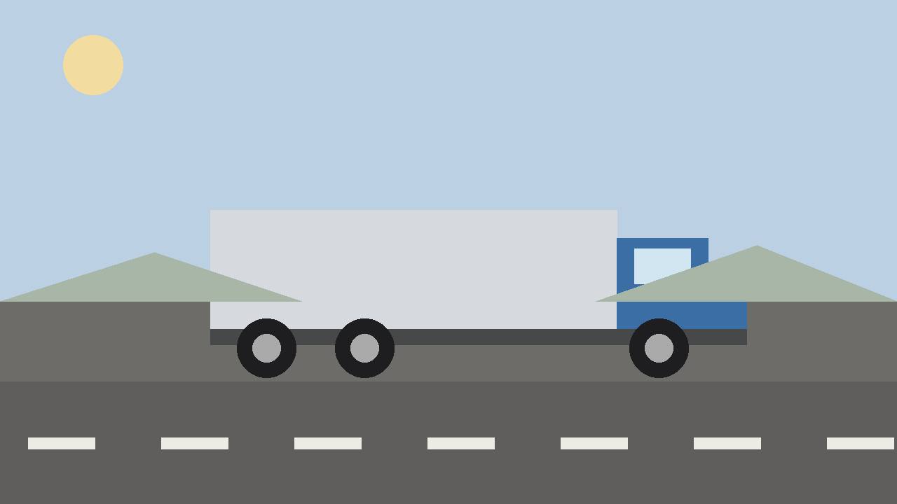 Editorial illustration of a generic semi-truck on a highway, flat style, no logos, no people, no real place depicted