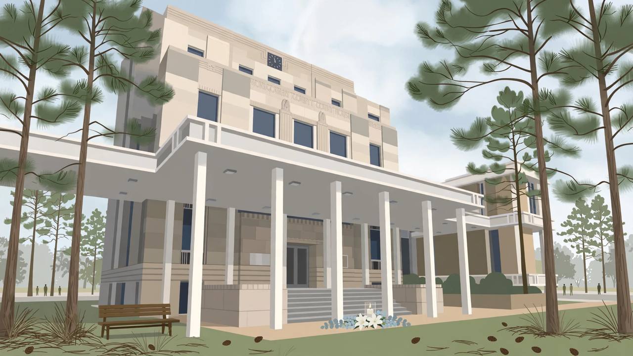 Editorial illustration of the Montgomery County courthouse in Conroe, Texas, among pine trees, with white flowers placed respectfully on the steps