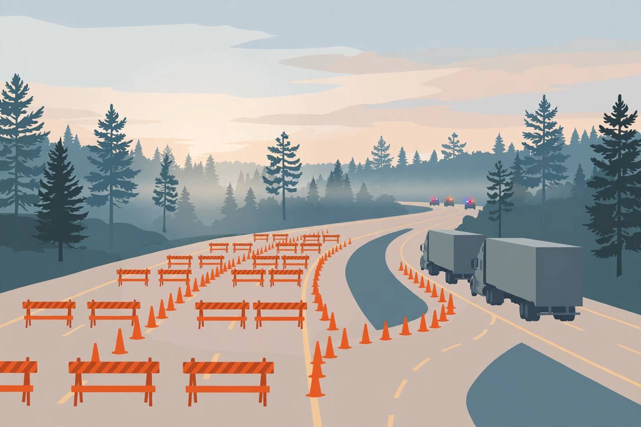 Editorial illustration of a Texas interstate at dawn with orange closure barriers and cones across the northbound lanes and semi trucks in a detour lane; no wreckage or person is depicted