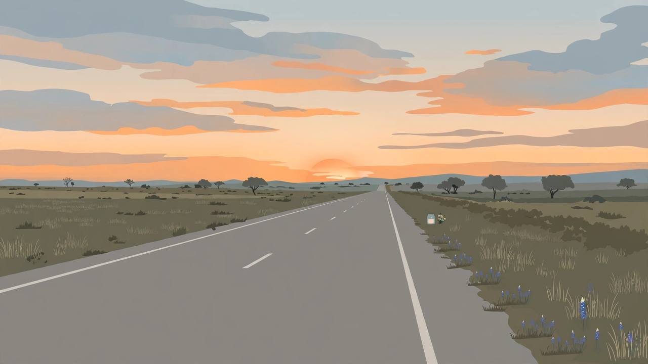 Editorial illustration of an empty Texas interstate at dawn with a small roadside memorial in the distance, flat style, no crash and no real person depicted