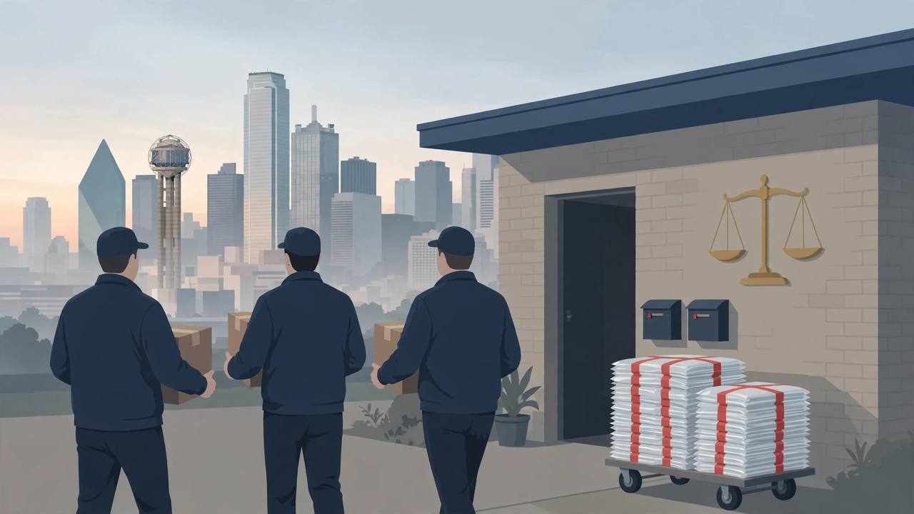 Editorial illustration of federal agents carrying sealed evidence boxes out of a Dallas apartment building at dawn with the Dallas skyline behind