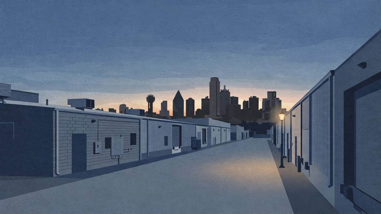 Editorial illustration of a quiet industrial street in West Dallas at dawn with the downtown skyline in the distance; no incident depicted