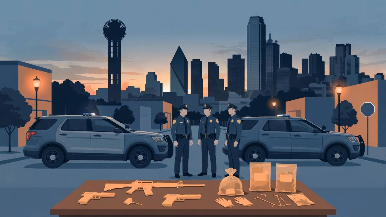 Editorial illustration of generic law enforcement officers beside patrol vehicles in a North Texas city, with a Dallas skyline silhouette behind them