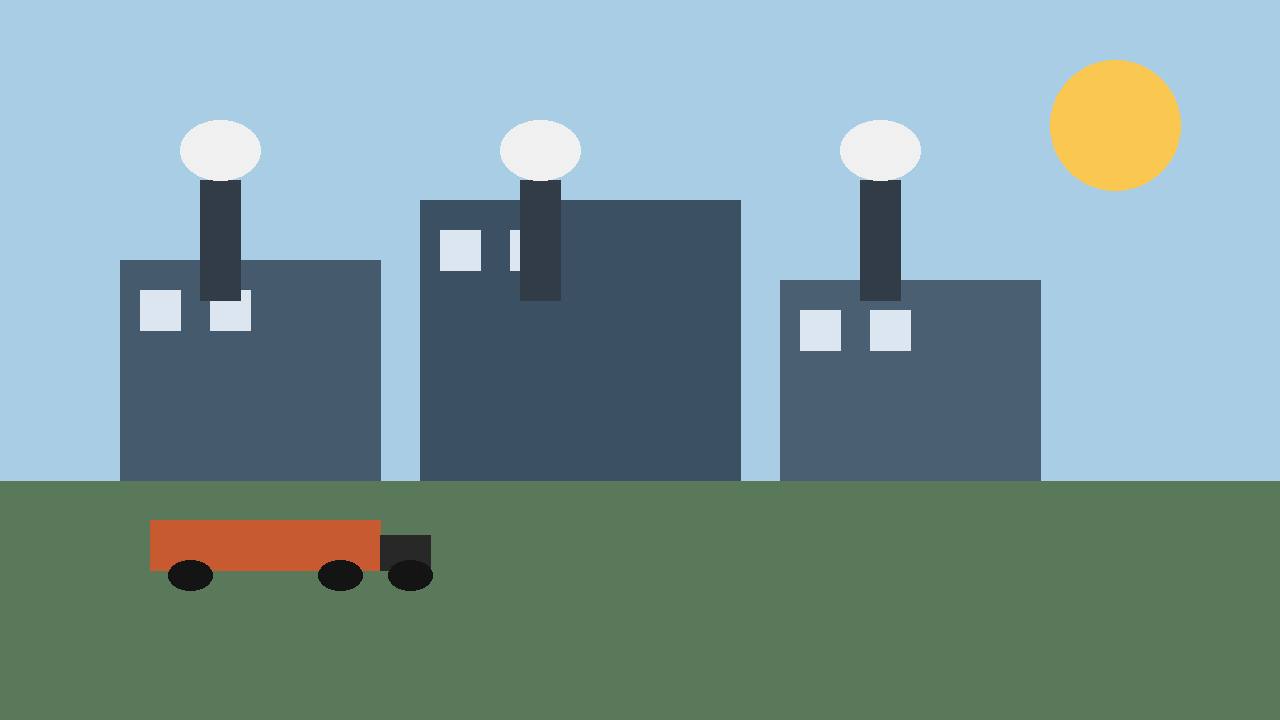 Editorial illustration of generic factory buildings with chimneys under a clear sky, flat style, no people, no text