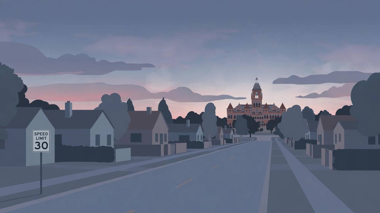 Editorial illustration of a quiet Dallas residential road at dusk with a courthouse in the background and an empty street, flat style, no text, no real people, no crash scene