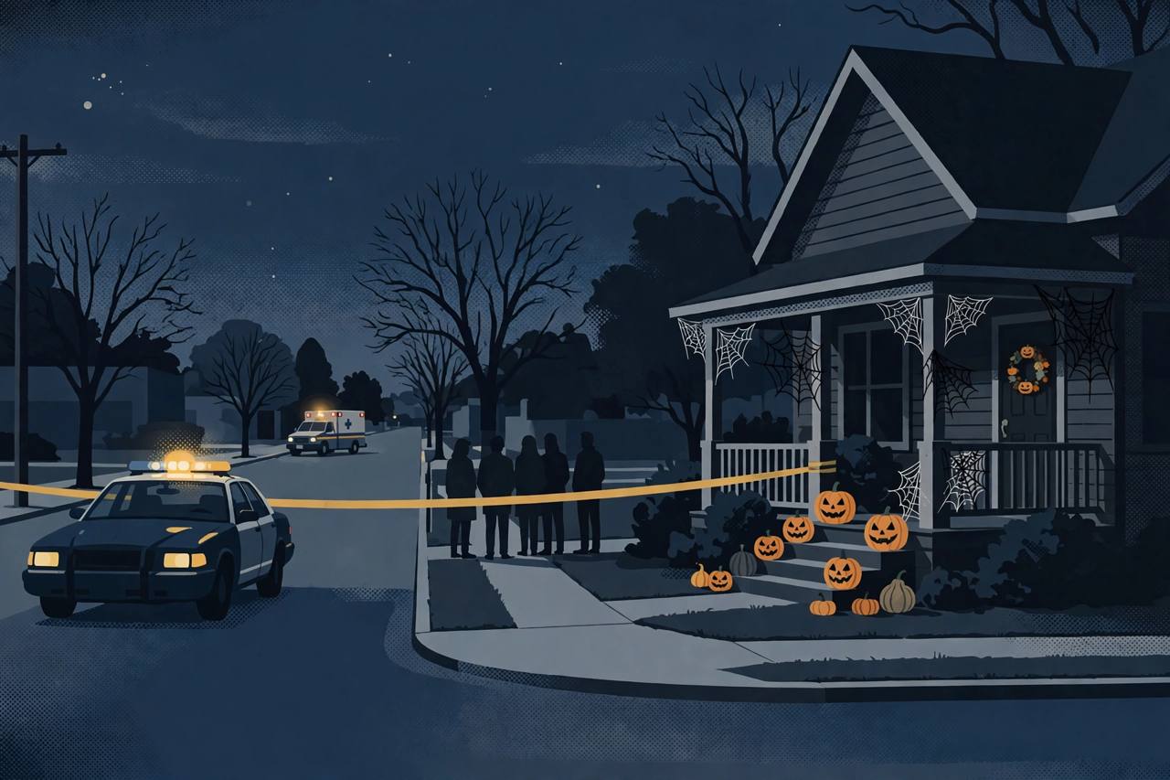 Editorial illustration of a generic Dallas street corner at night with police tape, a police car and an ambulance in the distance, flat style, no shooting or injury depicted and no real person depicted