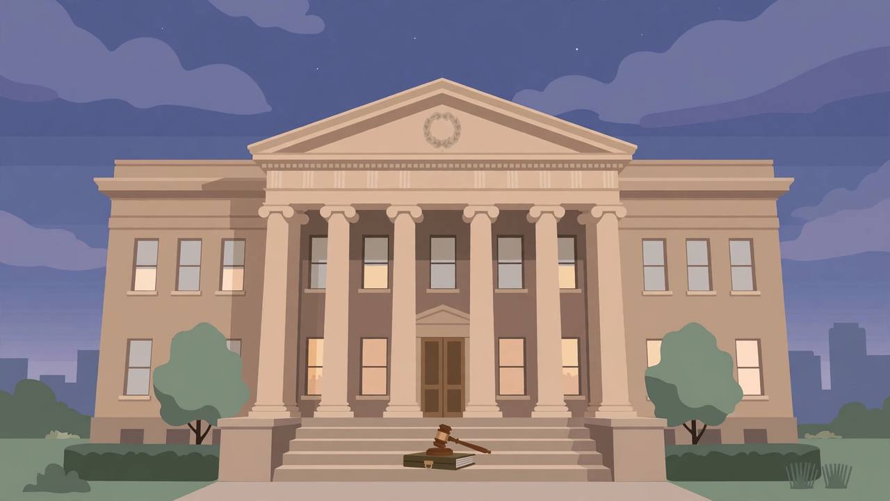 Editorial illustration of a Texas courthouse at dusk with a gavel on a case file on the steps