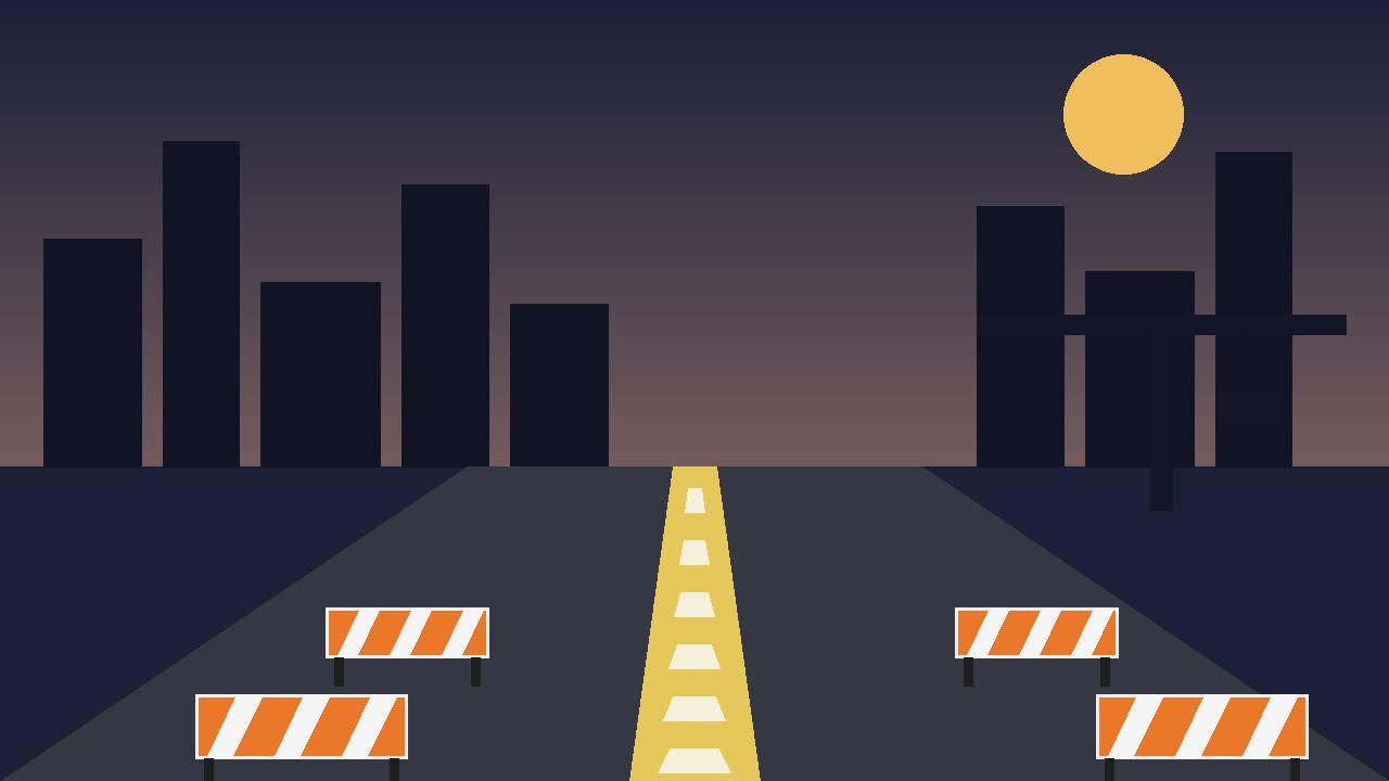 Editorial illustration of closed highway lanes with construction barriers at dusk, flat style, no real place depicted
