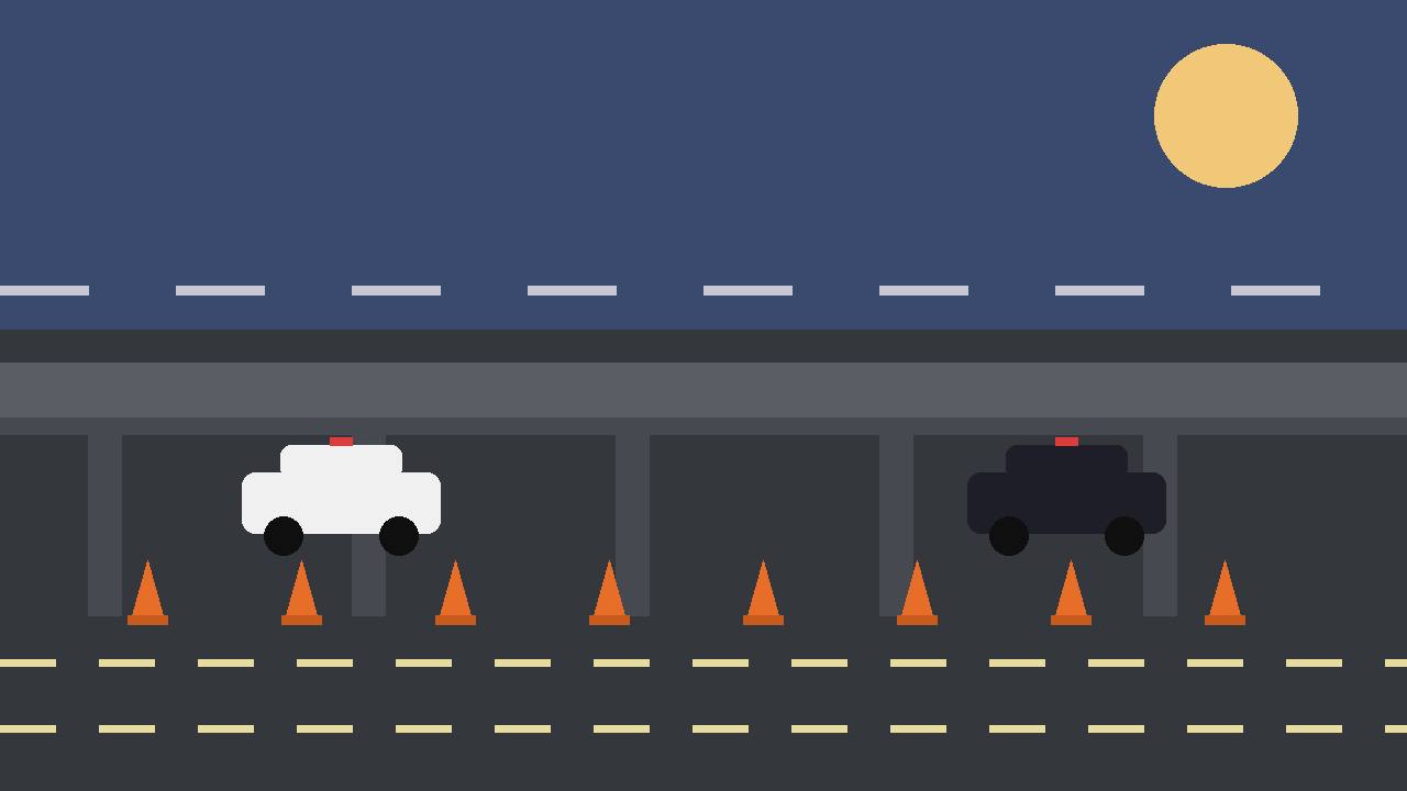 Editorial illustration of a closed Dallas highway interchange with traffic cones and generic police cars at dusk, flat style, no person and no incident depicted