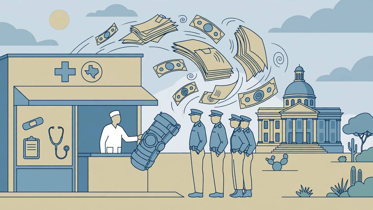 Editorial illustration of a Texas medical clinic handing an oversized knee brace to a line of generic postal-worker figures, with claim papers and banknotes swirling in the air and a courthouse in the background