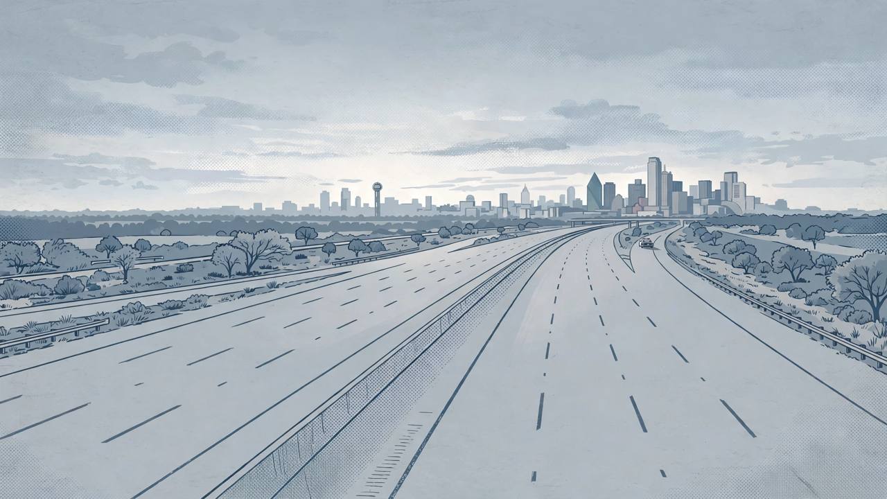 Editorial illustration of an empty Dallas freeway at dawn with a distant parked police car, flat style, no real person or incident depicted