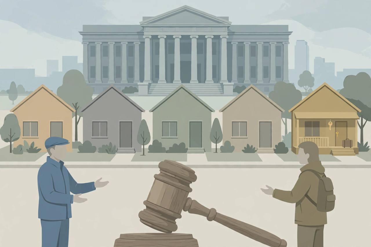 Editorial illustration of single-family houses in a Dallas, Texas neighbourhood, one house marked by a key and suitcase symbolising a short-term rental, with a courthouse with columns and a gavel in the background and generic neighbours and a homeowner facing each other