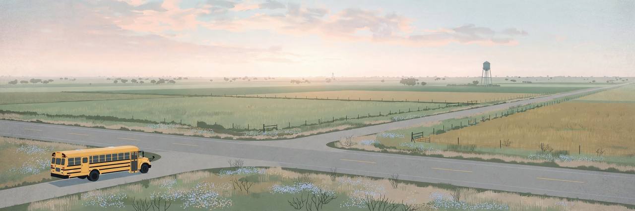 Editorial illustration of a quiet Texas highway intersection at dawn with an empty school bus parked safely at the roadside near Dayton; no person and no collision depicted