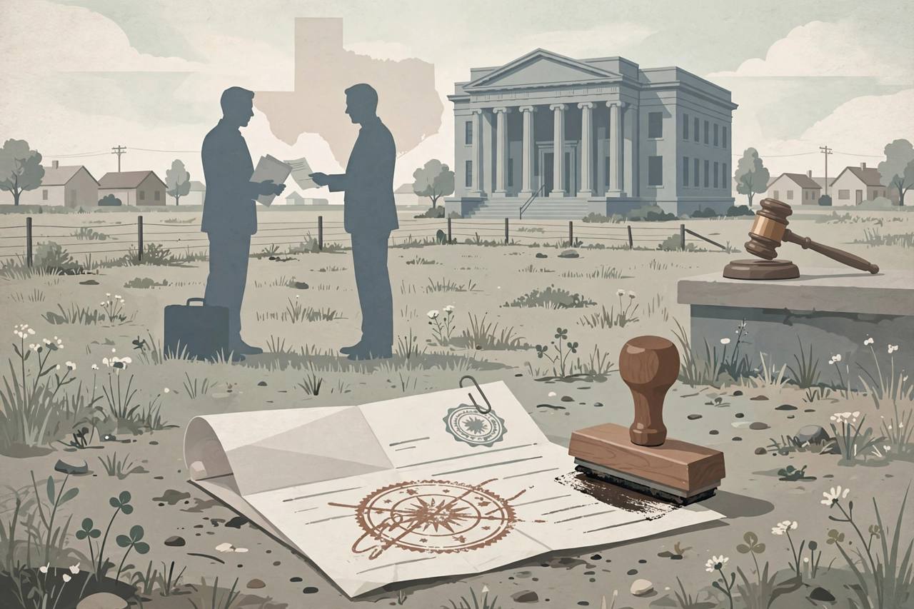 Editorial illustration of a vacant land parcel, a deed document with a forged signature, a courthouse column and a gavel