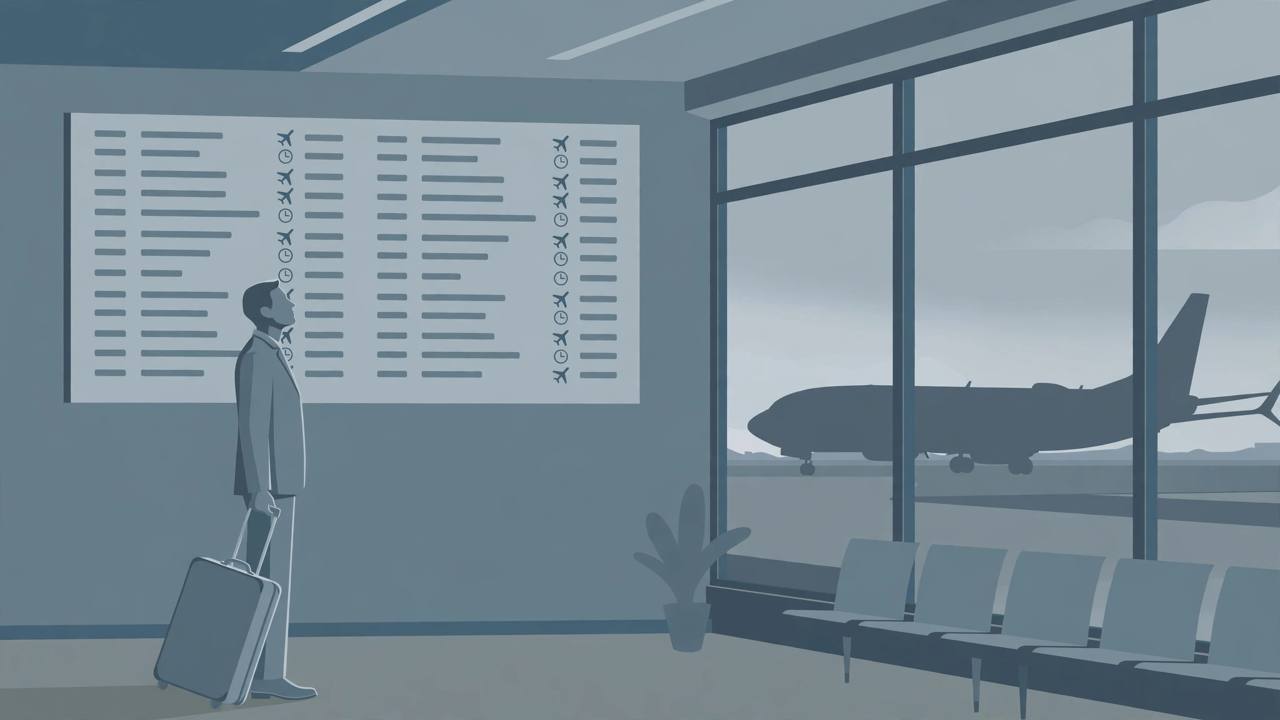 Editorial illustration of a generic man with a suitcase alone at an airport gate, flat style, no real person depicted