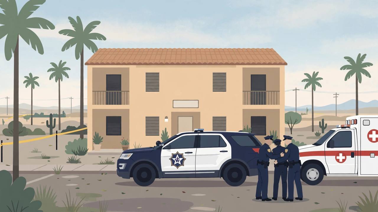Editorial illustration of a Texas apartment building with palm trees in the Rio Grande Valley, a police patrol vehicle and an ambulance outside, officers helping a colleague, and crime-scene tape at a distance, in a respectful flat style