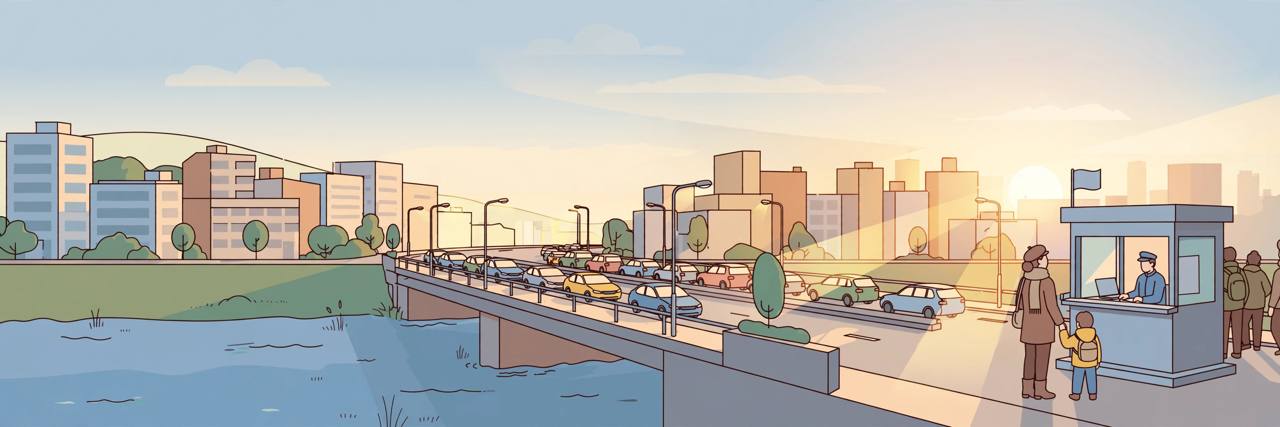 Editorial illustration of a generic mother and young child waiting at a border-crossing inspection booth on a bridge between two cities, flat style, no text, no real person depicted