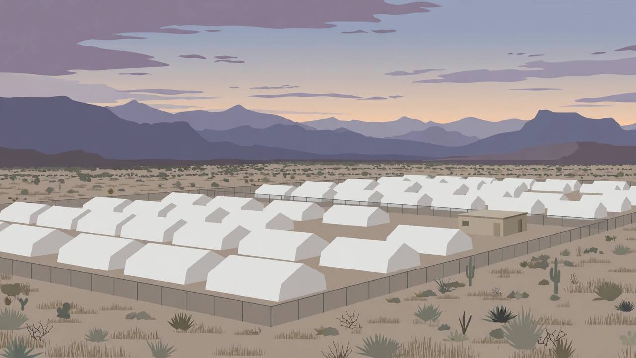 Editorial illustration of rows of plain white tent structures inside a fenced desert facility with mountains behind, flat style, no people, no text, no real person depicted