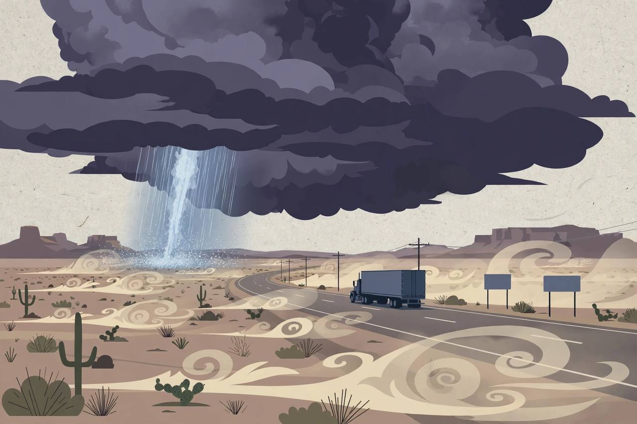 Editorial illustration of a desert interstate highway in west Texas with a generic semi truck under dark thunderstorm clouds and a distant hail shaft, flat style, no people, no text