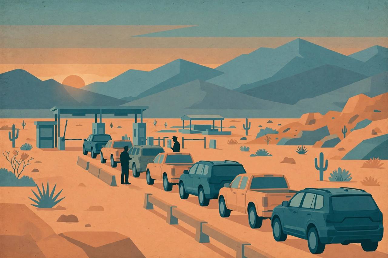 {'en': 'Editorial illustration of SUVs and pickup trucks on a desert highway approaching a border crossing near El Paso, generic agent silhouettes only', 'pa': "ਐਲ ਪਾਸੋ ਨੇੜੇ ਸਰਹੱਦੀ ਕ੍ਰਾਸਿੰਗ ਵੱਲ ਜਾਂਦੀ ਮਾਰੂਥਲ ਸੜਕ 'ਤੇ SUV ਅਤੇ ਪਿਕਅੱਪ ਟਰੱਕਾਂ ਦੀ ਸੰਪਾਦਕੀ ਤਸਵੀਰ, ਸਿਰਫ਼ ਆਮ ਆਕ੍ਰਿਤੀਆਂ", 'hi': 'एल पासो के पास सीमा क्रॉसिंग की ओर जाती रेगिस्तानी सड़क पर SUV और पिकअप ट्रकों का संपादकीय चित्र, केवल सामान्य आकृतियाँ'}