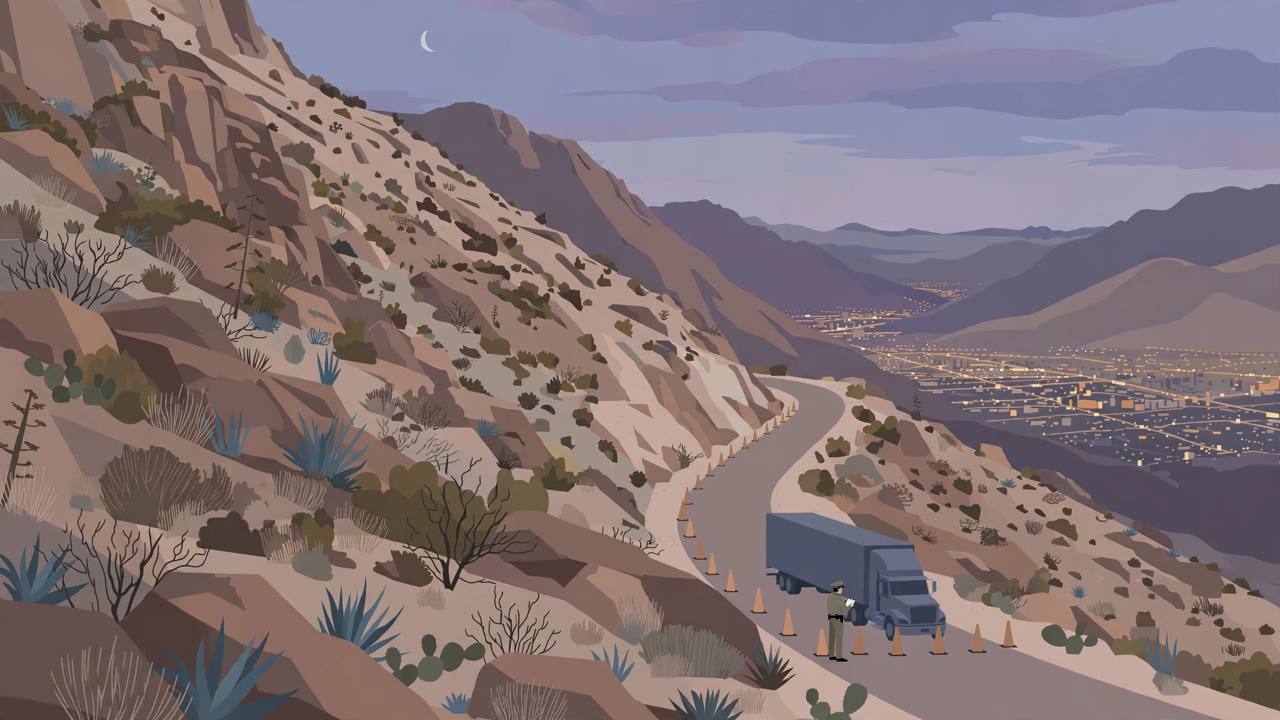 Editorial illustration of a semi truck stopped at an inspection checkpoint on a steep desert mountain highway above El Paso at dusk