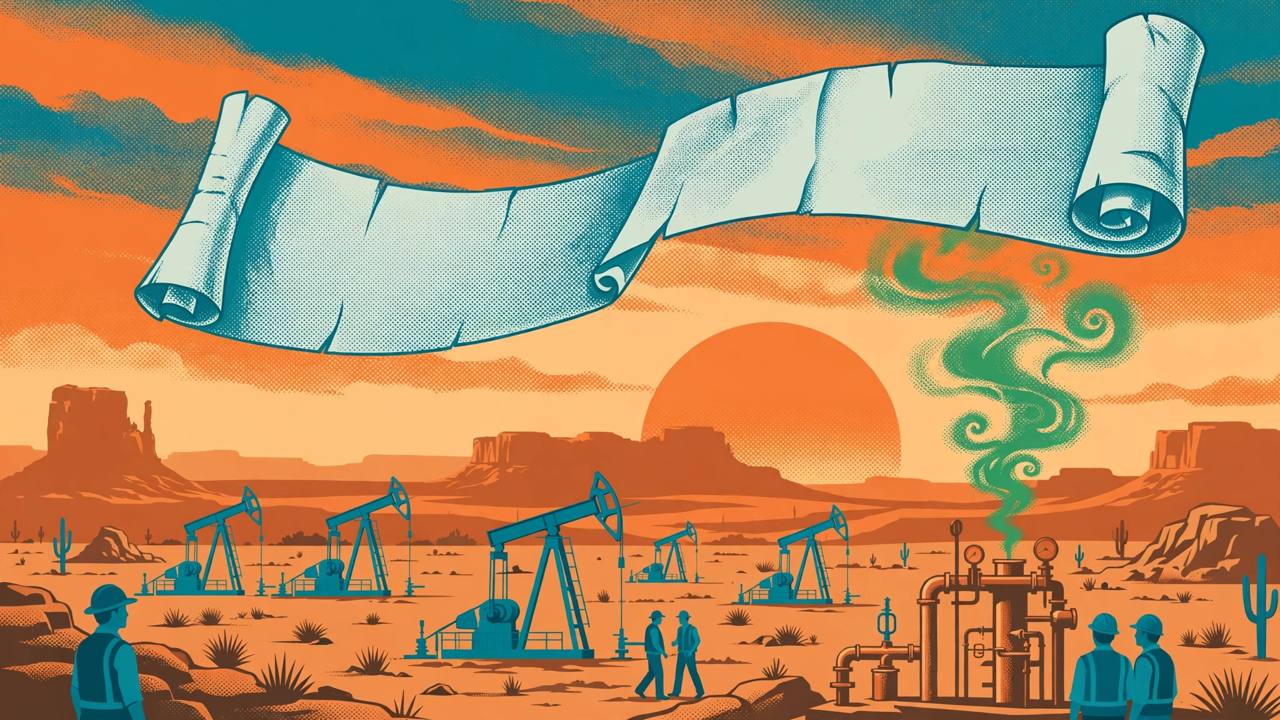 Editorial illustration of a West Texas oil field at sunset with pumpjacks, a wellhead leaking a stylised green methane cloud, and a large regulatory scroll being rolled back in the sky