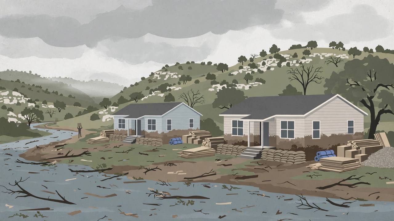 Editorial illustration of Texas Hill Country homes beside the Guadalupe River in Kerr County after flooding, with sandbags and repair materials outside; no incident scene is depicted