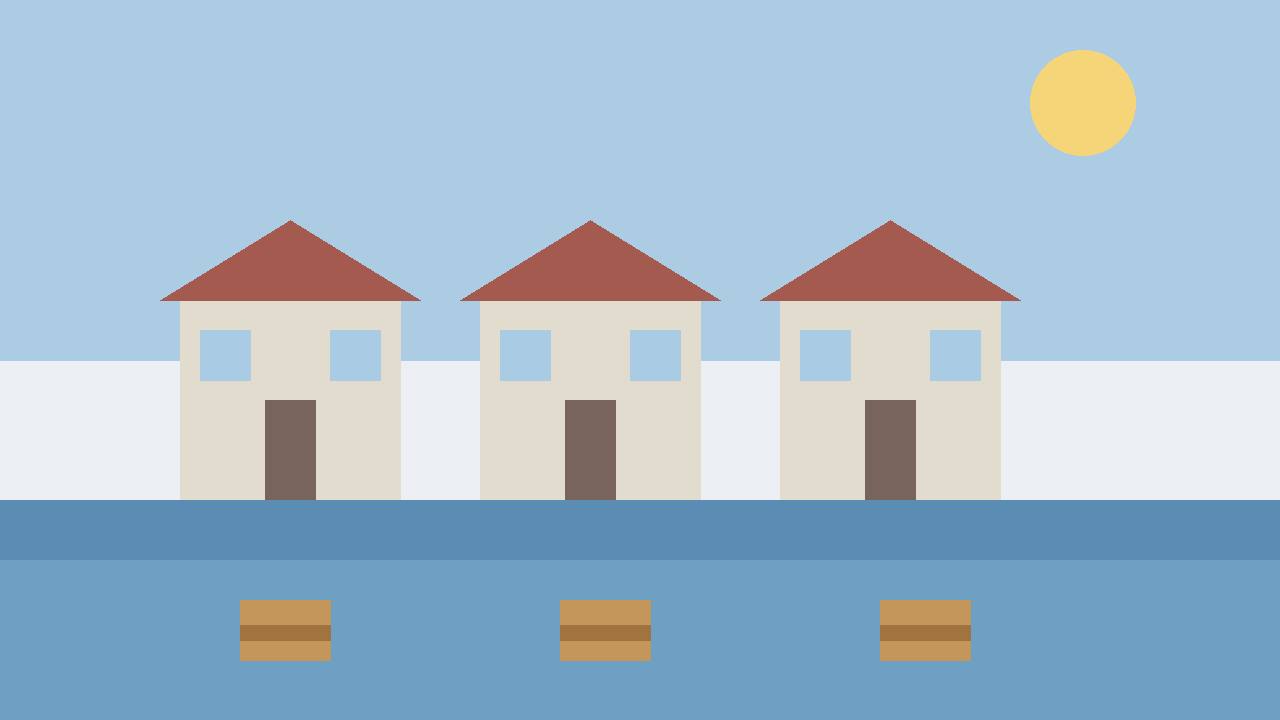 Editorial illustration of generic houses above a flood water line with aid boxes, flat style, no people, no text, no real place depicted