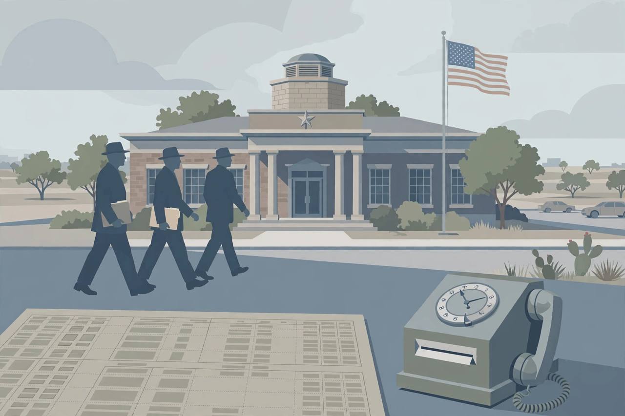 Editorial illustration of a generic Texas county tax office building with a payroll timesheet and telephone time-clock in the foreground and generic federal investigators approaching, flat style, no real person depicted