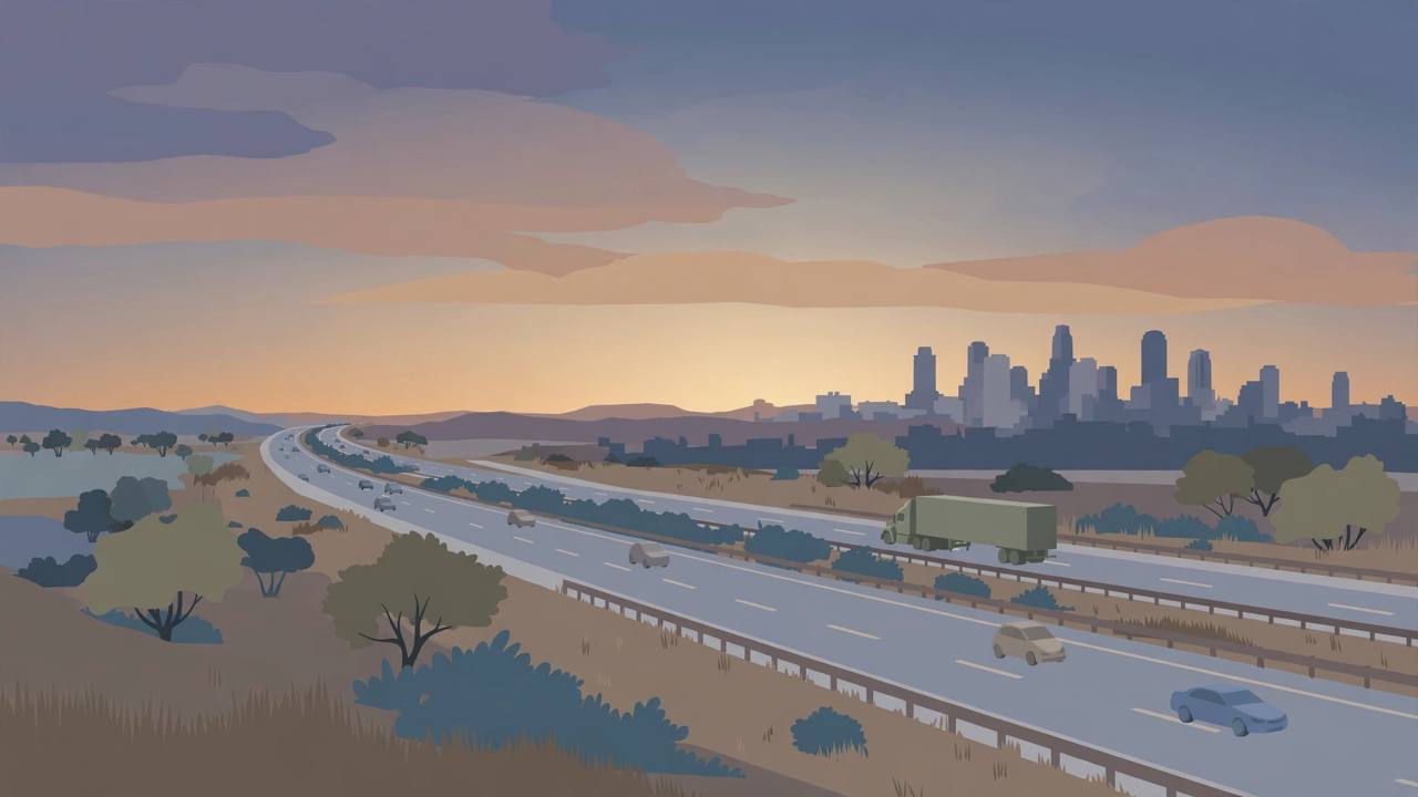 Editorial illustration of a wide Texas interstate highway at dusk with generic traffic and a distant city skyline — no crash, no people, no text
