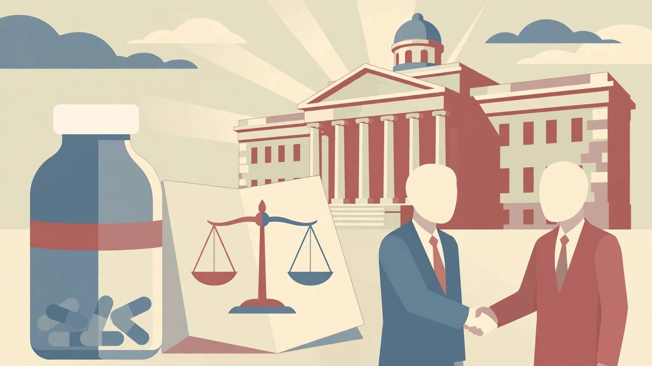 Editorial illustration of a Texas courthouse, a generic medicine bottle, a settlement document with a balance scale and two generic faceless figures shaking hands
