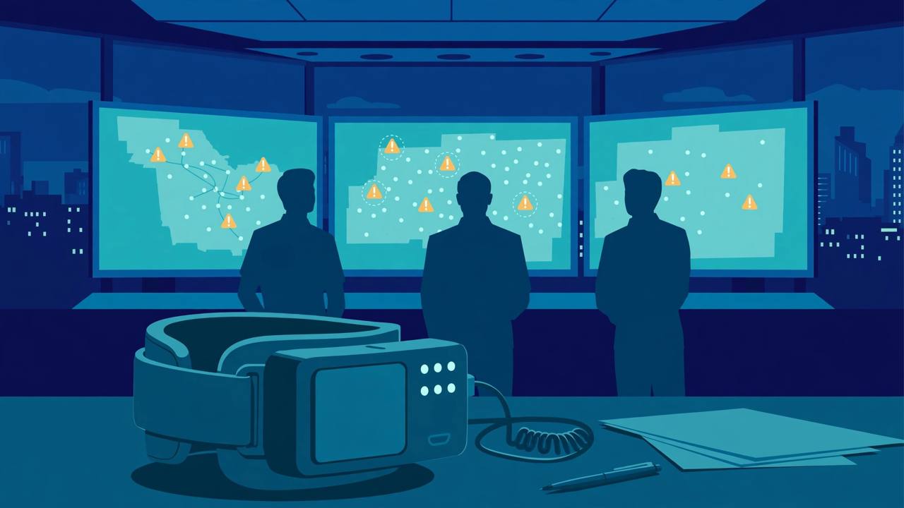 {'en': 'Editorial illustration of a generic pretrial monitoring control room at night with staff silhouettes, alert maps and an electronic ankle monitor on a desk', 'pa': "ਰਾਤ ਨੂੰ ਆਮ ਸਟਾਫ਼ ਸਿਲੂਏਟਾਂ, ਅਲਰਟ ਨਕਸ਼ਿਆਂ ਅਤੇ ਮੇਜ਼ 'ਤੇ ਇੱਕ ਇਲੈਕਟ੍ਰਾਨਿਕ ਐਂਕਲ ਮਾਨੀਟਰ ਵਾਲੇ ਇੱਕ ਆਮ ਪ੍ਰੀ-ਟ੍ਰਾਇਲ ਨਿਗਰਾਨੀ ਕੰਟਰੋਲ ਰੂਮ ਦੀ ਸੰਪਾਦਕੀ ਤਸਵੀਰ", 'hi': 'रात में सामान्य स्टाफ सिल्हूट, अलर्ट मानचित्रों और मेज पर एक इलेक्ट्रॉनिक एंकल मॉनिटर वाले एक सामान्य प्री-ट्रायल निगरानी कंट्रोल रूम का संपादकीय चित्र'}