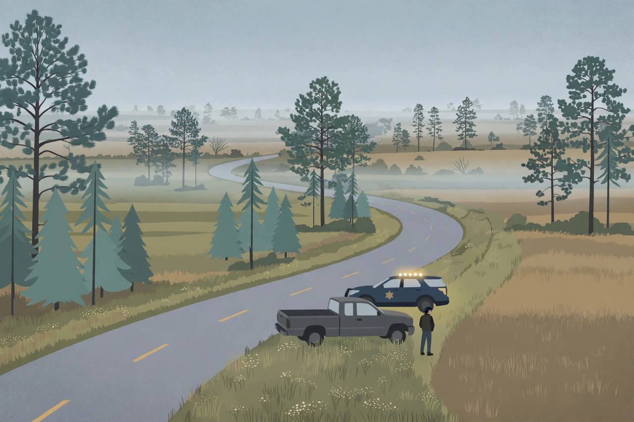 Editorial illustration of a pickup stopped on the shoulder of a winding Texas road at dawn with a sheriff patrol vehicle behind it, flat style, no text, no crash damage and no real person depicted