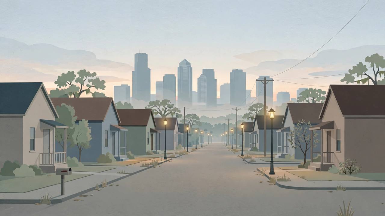 Editorial illustration of a quiet residential street in east Houston at dawn; the shooting itself is not depicted