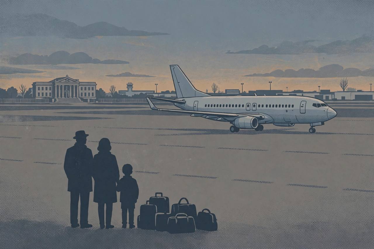 Editorial illustration of a deportation flight at dusk with a generic family silhouette, flat style, no real person depicted