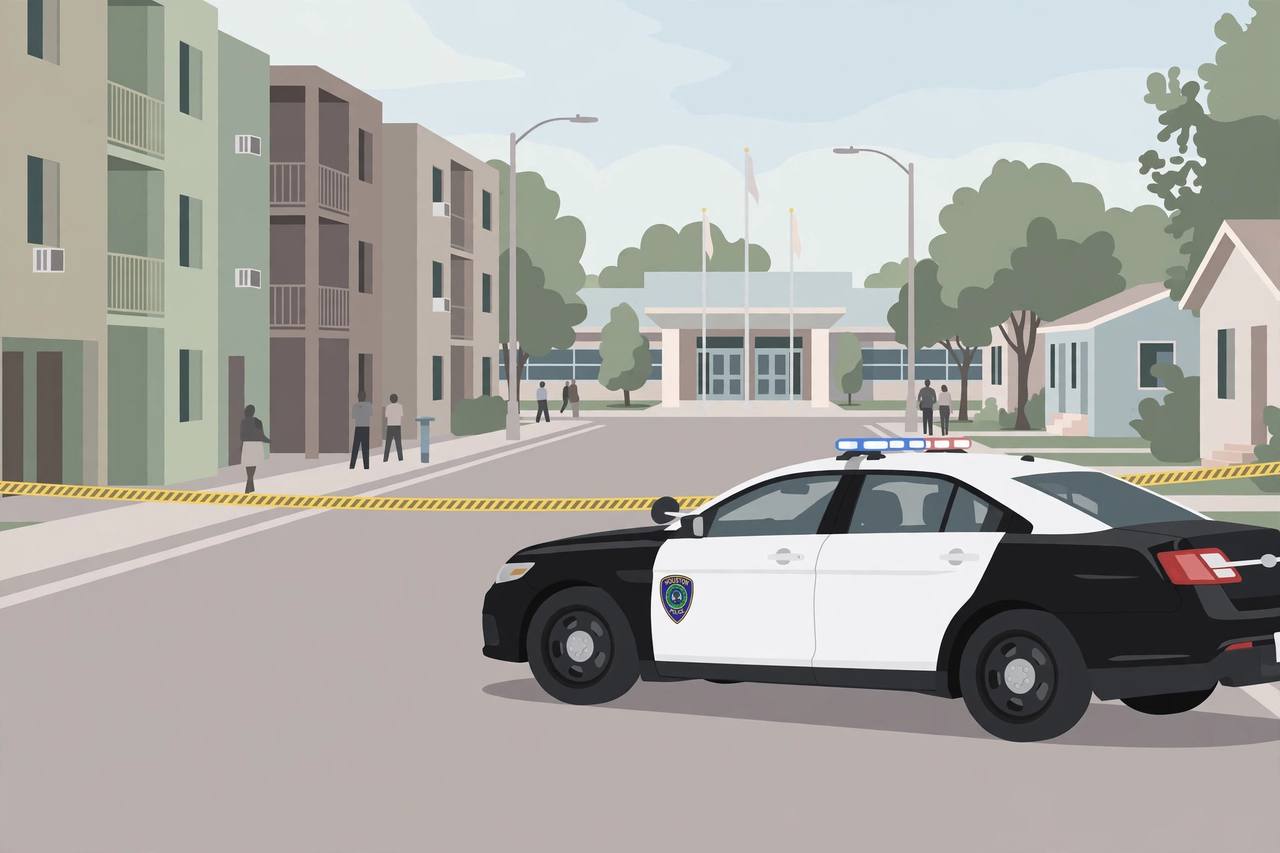 Editorial illustration of a residential street in Houston's Gulfton neighborhood with apartment buildings, a school and a police patrol car behind police tape