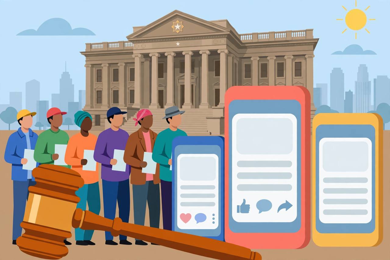 Editorial illustration of generic voters holding blank ballots outside a Texas courthouse, beside oversized smartphone screens showing blank social media ads and a judge's gavel