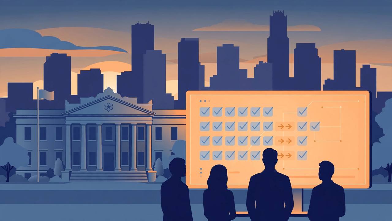Editorial illustration of a Houston skyline behind a municipal building and a large database screen with checkmarks and transfer arrows, generic adult silhouettes seen from behind