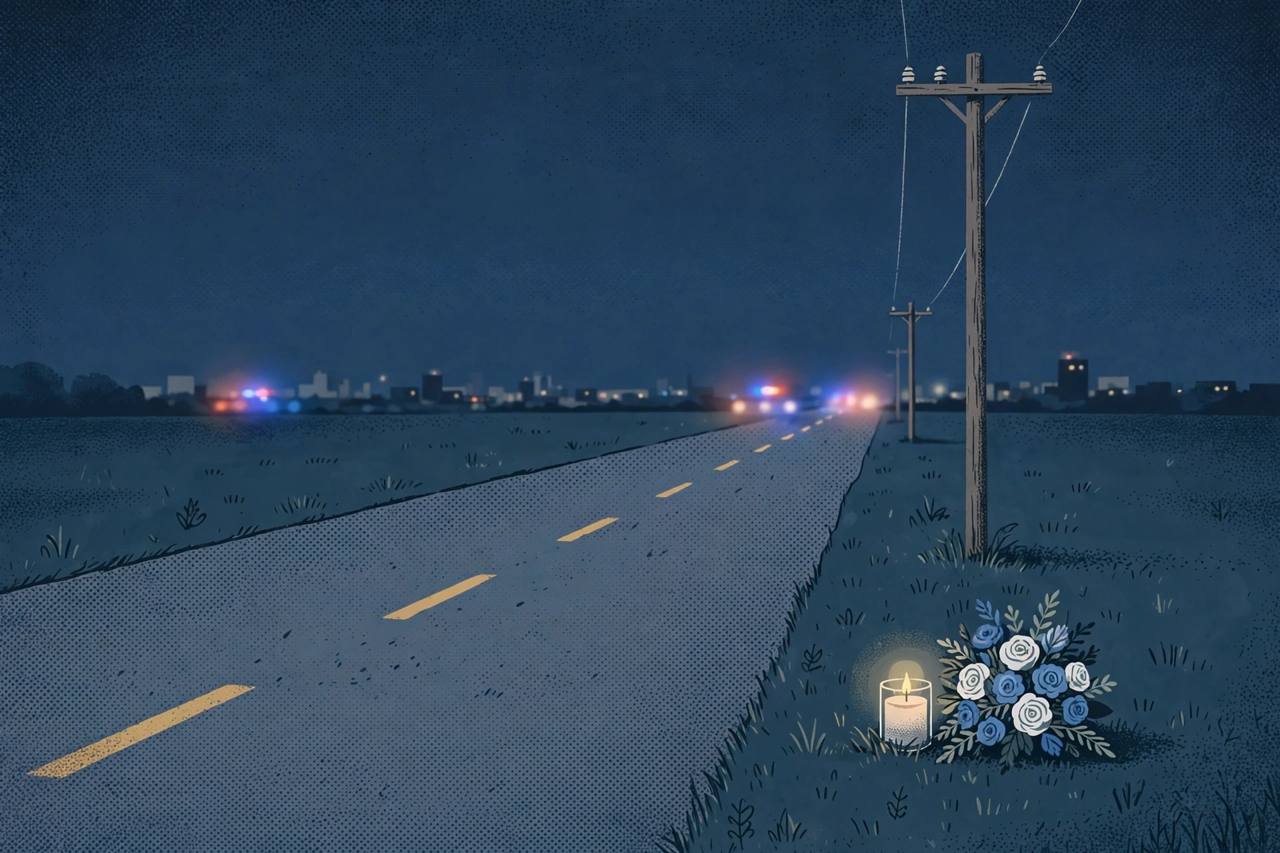 Editorial illustration of a quiet road at night with a roadside candle and flowers beside a utility pole; no vehicle, no person and no incident is depicted