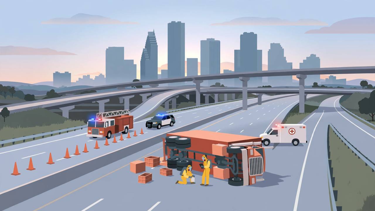 Editorial illustration of an overturned semi truck on a Houston freeway interchange at dawn, with hazmat crew, fire truck, police car and closed lanes