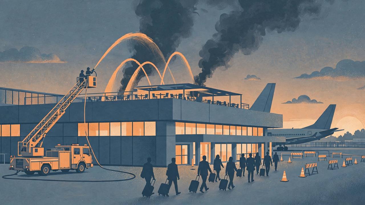 Editorial illustration of an airport terminal at dusk with smoke rising from a restaurant section, firefighters spraying water and travellers walking away calmly with suitcases