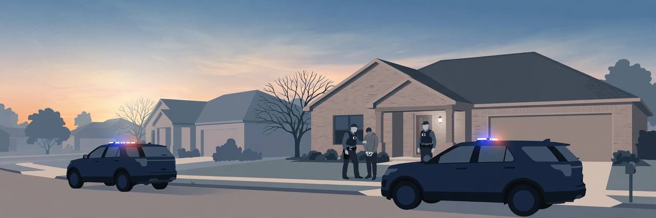 Editorial illustration of generic immigration enforcement officers conducting a targeted arrest at dawn outside a Houston-area home, flat style, no real persons